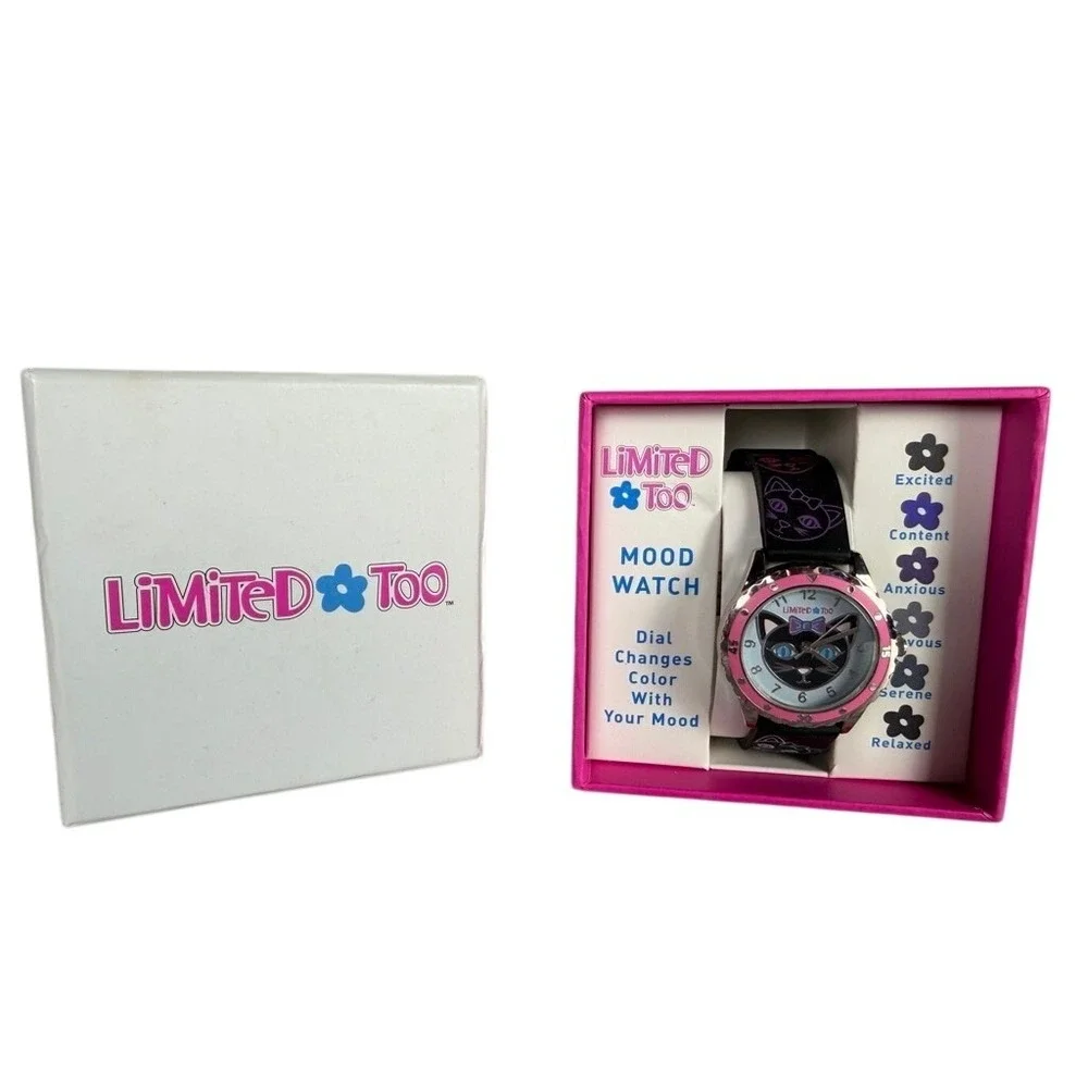 Limited Too Kids Girls Mood Watch‎ Cat Face Color Changing Dial Pink Bezel